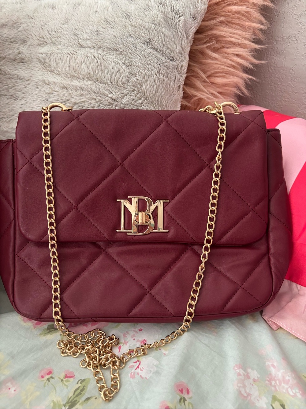 Badgley Mischka Quilted Wine Shoulder Bag with Gold Chain